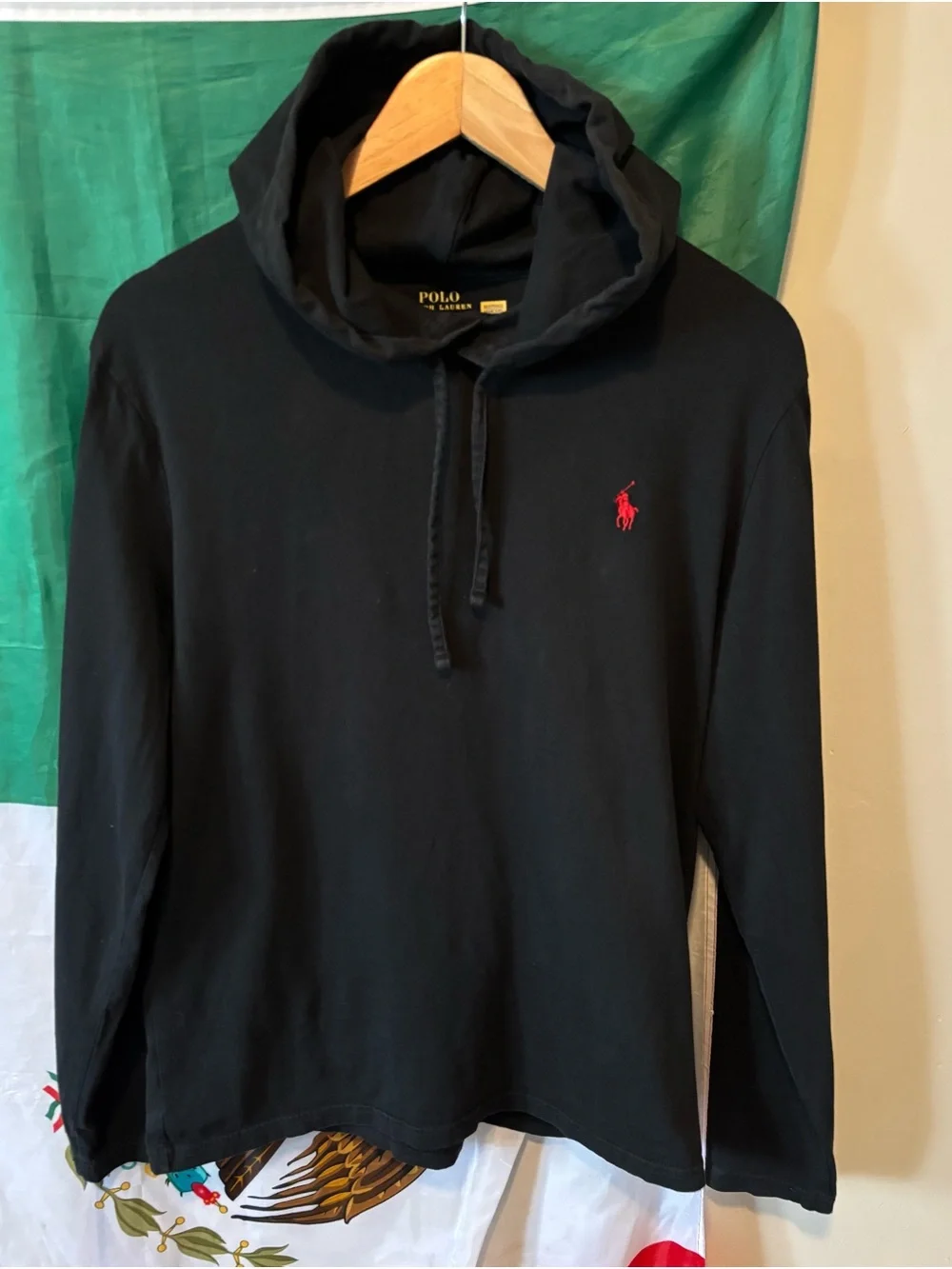 Polo by Ralph Lauren Black Hooded Long-Sleeve Shirt with Red Pony Logo